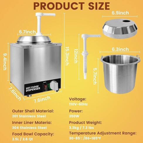 Nacho Cheese Dispenser with Pump - 2.6QT Stainless Steel Cheese Warmer, Hot Fudge Warmer Machine with Temperature Control, Commercial Sauce Dispenser for Hot Milk, Hot Fudge, and Caramel in Kuwait