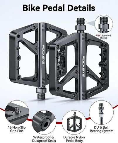 Road/Mountain Bike Pedals, MTB Flat Pedals with 16 Anti-Skid Pins, DU+Bearing Wider Platform, 9/16" Waterproof Nylon Pedals for Road Mountain City Bikes in Kuwait