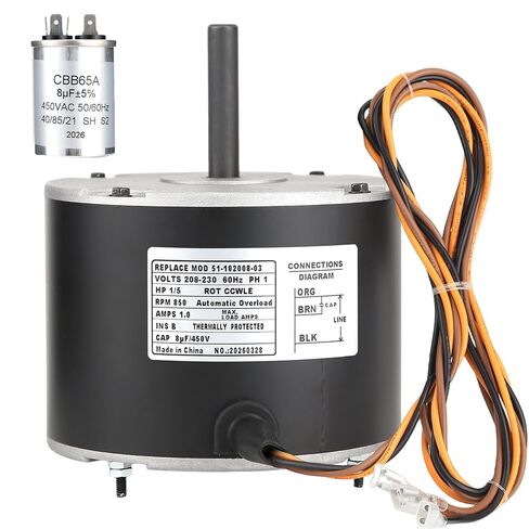 محرك المروحة 51-102008-03، يحل محل محرك Rheem 51-102500-04 51-101774-03 | 1/5HP 208-230V 850RPM 1.0A، يستبدل Rheem/Weather King/Ruud 51-102008-07 51-102008-31 51-102008-34 K55HXLRH-0824 مروحة المحرك in Kuwait