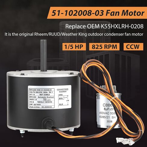 محرك المروحة 51-102008-03، يحل محل محرك Rheem 51-102500-04 51-101774-03 | 1/5HP 208-230V 850RPM 1.0A، يستبدل Rheem/Weather King/Ruud 51-102008-07 51-102008-31 51-102008-34 K55HXLRH-0824 مروحة المحرك in Kuwait