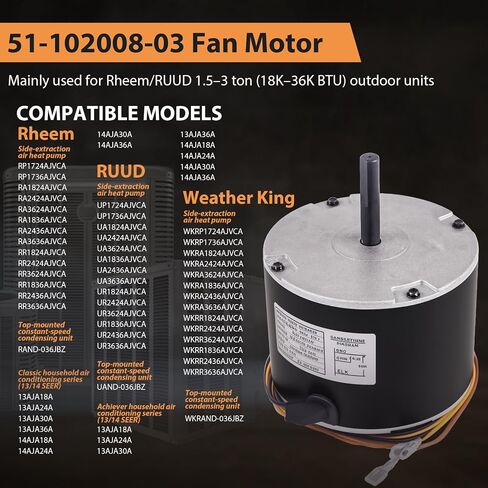 محرك المروحة 51-102008-03، يحل محل محرك Rheem 51-102500-04 51-101774-03 | 1/5HP 208-230V 850RPM 1.0A، يستبدل Rheem/Weather King/Ruud 51-102008-07 51-102008-31 51-102008-34 K55HXLRH-0824 مروحة المحرك in Kuwait