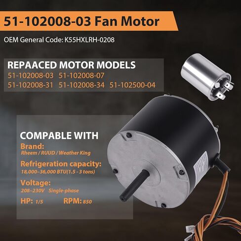 محرك المروحة 51-102008-03، يحل محل محرك Rheem 51-102500-04 51-101774-03 | 1/5HP 208-230V 850RPM 1.0A، يستبدل Rheem/Weather King/Ruud 51-102008-07 51-102008-31 51-102008-34 K55HXLRH-0824 مروحة المحرك in Kuwait