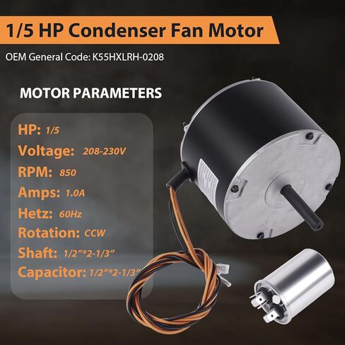 محرك المروحة 51-102008-03، يحل محل محرك Rheem 51-102500-04 51-101774-03 | 1/5HP 208-230V 850RPM 1.0A، يستبدل Rheem/Weather King/Ruud 51-102008-07 51-102008-31 51-102008-34 K55HXLRH-0824 مروحة المحرك in Kuwait