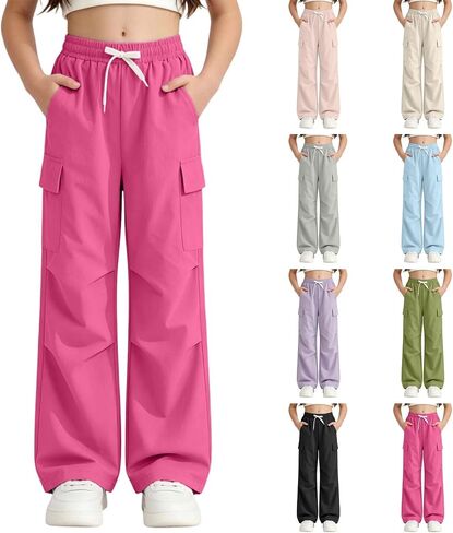 Girls Parachute Pants Kids Elastic Waist Wide Leg Hiking Cargo Pants Y2K Street Jogger Baggy Trousers with Pockets in Saudi Arabia