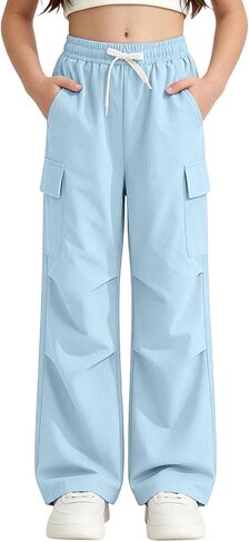 Girls Parachute Pants Kids Elastic Waist Wide Leg Hiking Cargo Pants Y2K Street Jogger Baggy Trousers with Pockets in Saudi Arabia