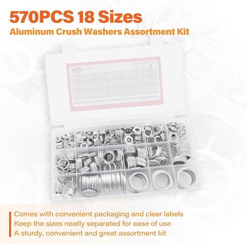 570 PCS 18 Sizes Aluminum Crush Washers Assortment Kit, Crush Washer Oil Drain Plug, Automotive Oil Plug Crush Washers (M6 M8 M10 M12 M14 M16 M18 M20 M22 M24) in Kuwait