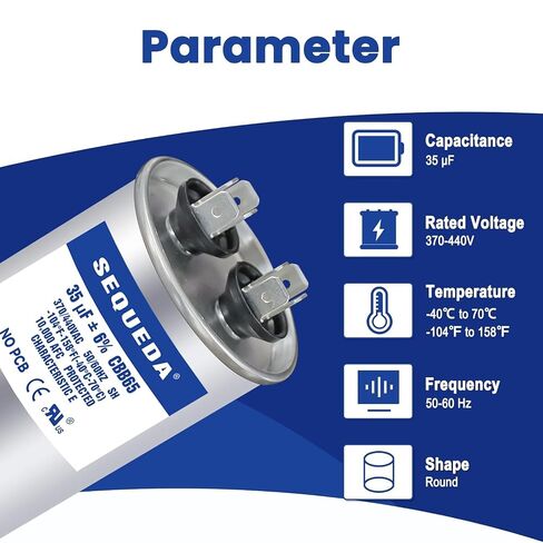 35 uF ±6% 370V/440V CBB65 CBB65A Round Run Start AC Capacitor 35 MFD, Suitable for Fan Motor Start, Heat Pump, Pool Pump and Condenser Straight Cool System in Kuwait