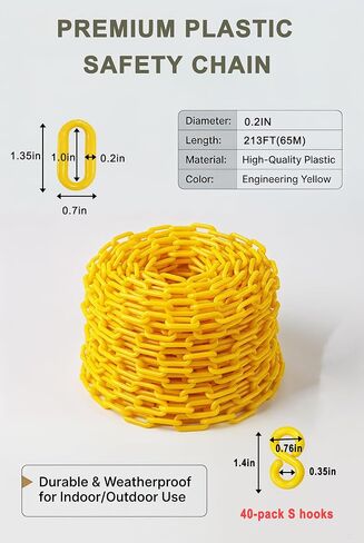 213FT Yellow UV Resistant Plastic Safety Chain Barrier with 40 S-Hooks, High Visibility Crowd Control Chain for Parking Lot, Construction, Queue Line & Event Fence in Kuwait