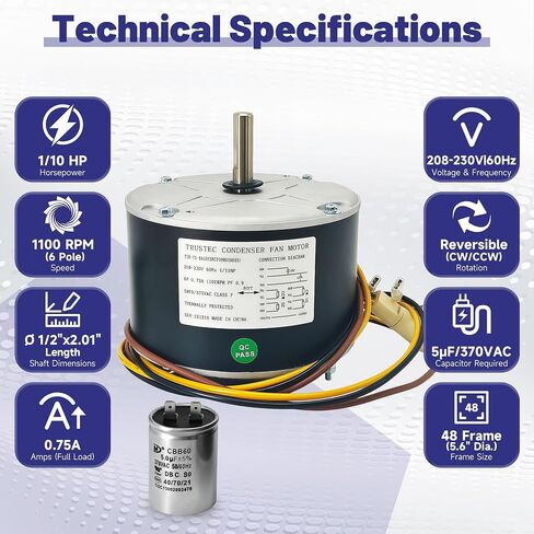 1/10 HP Condenser Fan Motor, 1100 RPM 208-230V 48 Frame HVAC Motor, Replacement for GE 5KCP39BG G3907, Fits Carrier HC33GE233/230, Grainger 6DLL6 3S001, US Motors 3402, Reversible in Kuwait