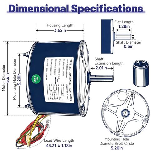 1/10 HP Condenser Fan Motor, 1100 RPM 208-230V 48 Frame HVAC Motor, Replacement for GE 5KCP39BG G3907, Fits Carrier HC33GE233/230, Grainger 6DLL6 3S001, US Motors 3402, Reversible in Kuwait