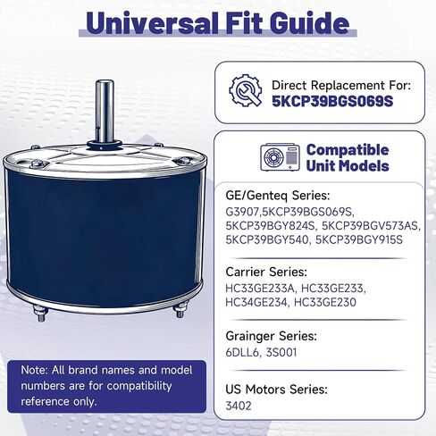 1/10 HP Condenser Fan Motor, 1100 RPM 208-230V 48 Frame HVAC Motor, Replacement for GE 5KCP39BG G3907, Fits Carrier HC33GE233/230, Grainger 6DLL6 3S001, US Motors 3402, Reversible in Kuwait
