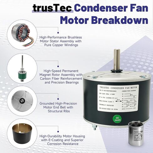 1/10 HP Condenser Fan Motor, 1100 RPM 208-230V 48 Frame HVAC Motor, Replacement for GE 5KCP39BG G3907, Fits Carrier HC33GE233/230, Grainger 6DLL6 3S001, US Motors 3402, Reversible in Kuwait