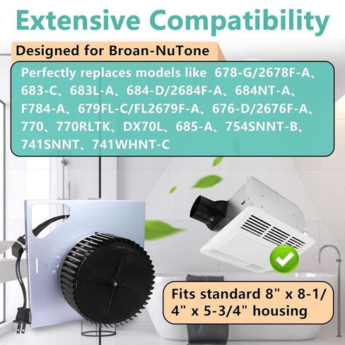 Upgrade S97015162 Motor Assembly | 8" x 8-1/4" Housing | Compatible with Broan NuTone 678-G、2678F-A、 683-C、683L-A、 HD80L、 770RLTK 、DX50L Series Bathroom Exhaust Fan in Kuwait