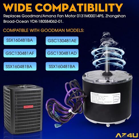 1/4 Hp 0131M00061SP Condenser Fan Replaces Goodman Condenser Fan Motor 208-230V1Ph 830Rpm 1-Speed Motor, Zongshan Broad-Ocean YDK-180S84062-01. Amana Janitrol P/N: 0131M00014PS 0131M0014 in Kuwait