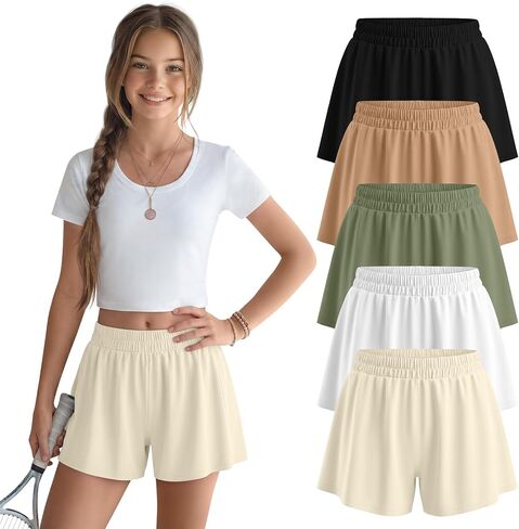 5 Pack Girls Athletic Shorts Teen 2 in 1 Elastic Waist Flowy Butterfly Shorts with Pockets for Tennis Running 5-14Y in Saudi Arabia