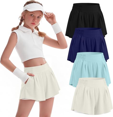 4 Pack Girls Athletic Shorts 5-14Y Kids Flowy Butterfly Skorts Teen 2-in-1 Quick-Dry Skirt Preppy Casual Clothes in Saudi Arabia