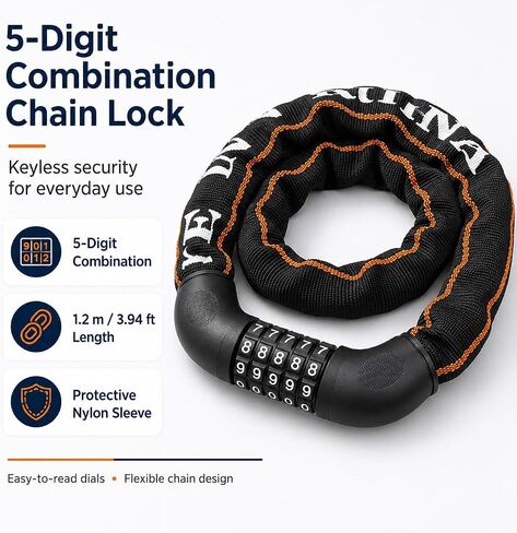 5-Digit Combination Chain Lock for Bikes, Electric Bikes & Scooters, 3.94 ft Heavy Duty Bike Lock with Durable Nylon Protective Sleeve, Keyless Security Lock for Daily Riding, Black in Kuwait
