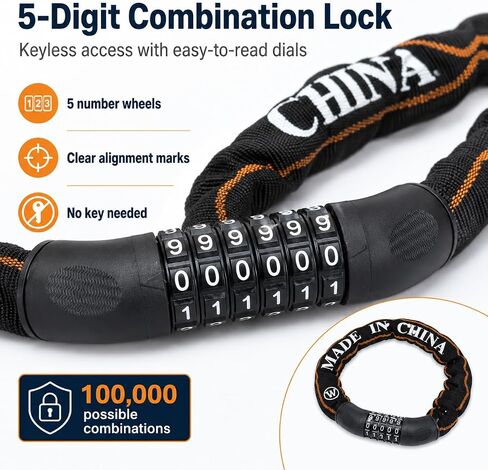 5-Digit Combination Chain Lock for Bikes, Electric Bikes & Scooters, 3.94 ft Heavy Duty Bike Lock with Durable Nylon Protective Sleeve, Keyless Security Lock for Daily Riding, Black in Kuwait