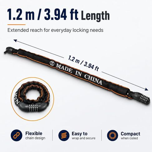 5-Digit Combination Chain Lock for Bikes, Electric Bikes & Scooters, 3.94 ft Heavy Duty Bike Lock with Durable Nylon Protective Sleeve, Keyless Security Lock for Daily Riding, Black in Kuwait