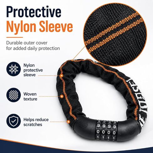 5-Digit Combination Chain Lock for Bikes, Electric Bikes & Scooters, 3.94 ft Heavy Duty Bike Lock with Durable Nylon Protective Sleeve, Keyless Security Lock for Daily Riding, Black in Kuwait