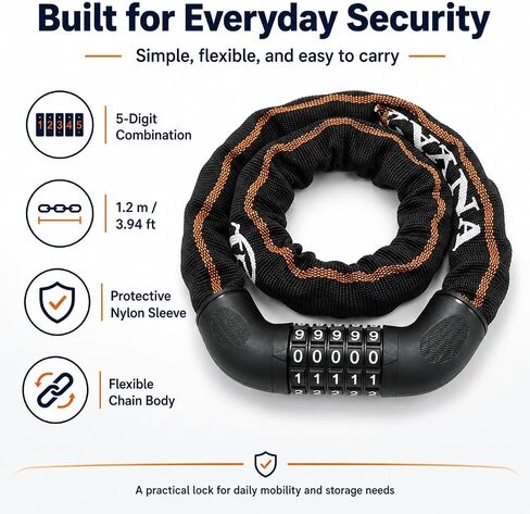 5-Digit Combination Chain Lock for Bikes, Electric Bikes & Scooters, 3.94 ft Heavy Duty Bike Lock with Durable Nylon Protective Sleeve, Keyless Security Lock for Daily Riding, Black in Kuwait