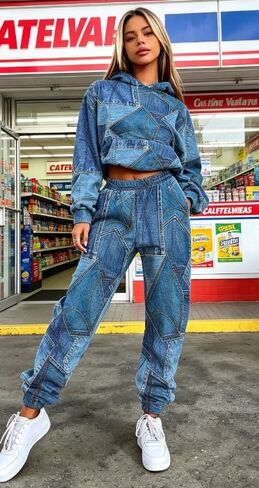 Women's Faux Denim Print Hoodie, Casual Long Sleeve Hooded Sweatshirt for Daily Comfort Wear in Kuwait