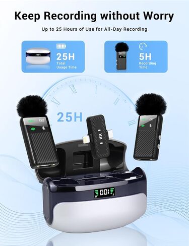 ميكروفون لاسلكي صغير لهاتف iPhone iPad Android، تقليل الضوضاء، حافظة شحن بطارية 25 ساعة، توصيل وتشغيل مشبك مغناطيسي على ميكروفونات Lavalier لتسجيل الفيديو، مدونات الفيديو in Kuwait