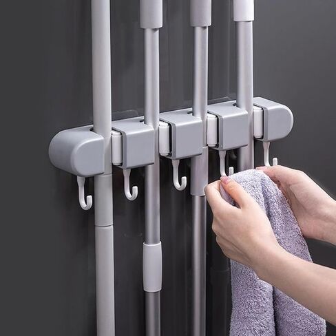 Broom & Mop Holder Wall Mount - 4 Racks & 5 Hooks Storage Organizer for Home, Kitchen, Garage, Garden, Laundry & Bathroom, Space-Saving Utility Rack in Kuwait