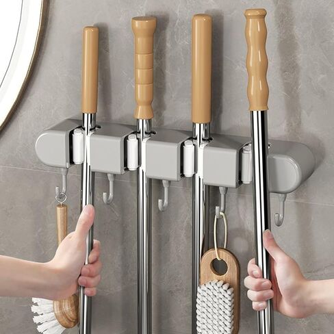 Broom & Mop Holder Wall Mount - 4 Racks & 5 Hooks Storage Organizer for Home, Kitchen, Garage, Garden, Laundry & Bathroom, Space-Saving Utility Rack in Kuwait