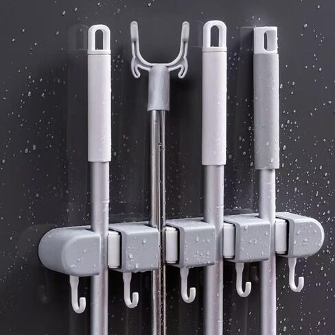 Broom & Mop Holder Wall Mount - 4 Racks & 5 Hooks Storage Organizer for Home, Kitchen, Garage, Garden, Laundry & Bathroom, Space-Saving Utility Rack in Kuwait