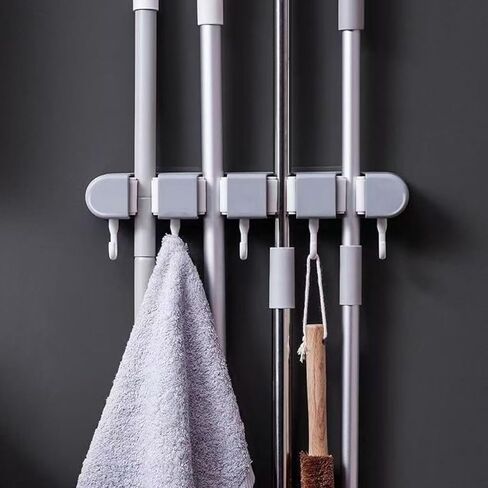 Broom & Mop Holder Wall Mount - 4 Racks & 5 Hooks Storage Organizer for Home, Kitchen, Garage, Garden, Laundry & Bathroom, Space-Saving Utility Rack in Kuwait