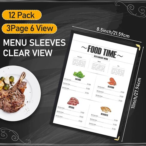 Cinnvoice 12 قطعة من أغطية قائمة المطاعم مقاس 8.5 × 11 بوصة نمط كتاب 3 صفحات 6 عرض PVC شفاف حامل قائمة المطاعم لفندق مقهى بار، أسود in Kuwait