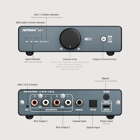 AIYIMA D07 Mini Desktop DAC, USB-C Digital to Analog Audio Converter for PC,TV,Game Console to Amplifier | 768kHz/32bit & DSD512, Optical/Coaxial/RCA/BY Pass in Kuwait