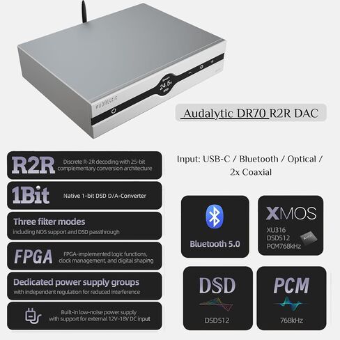 Gustard Audalytic DR70 R2R DAC، أصلي 1 بت DSD512 PCM768 كيلو هرتز، مدخل USB-C/بصري/محوري x2، محول رقمي تناظري منفصل تمامًا، وحدة فك ترميز الصوت المنزلي المتوازن بدون جهاز بث، أسود in Kuwait