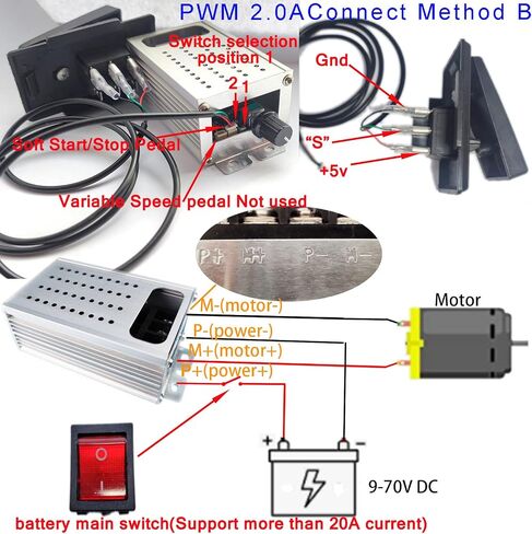 PWM بداية ناعمة/توقف ناعم متغيرة السرعة DC طريقة اتصال وحدة التحكم في سرعة المحرك A، B المكونات المطلوبة (PWM 2.0A + دواسة إيقاف ناعمة/Sfot Start) in Kuwait
