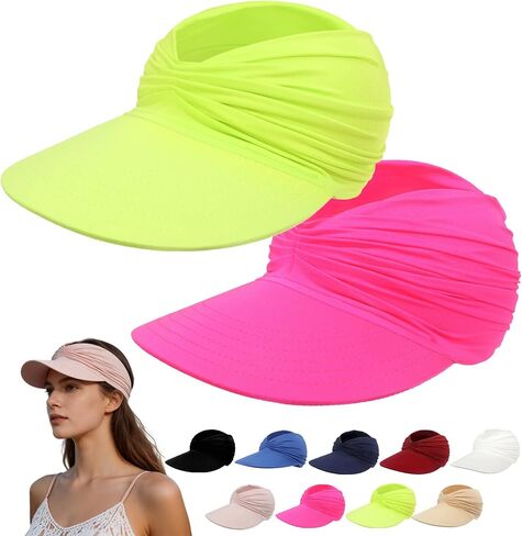 UPF 50+ UV Protection Women Sun Visor Hat, Foldable Lightweight Ponytail Sport Cap, Summer Outdoor Beach Sunblock Headwear in Kuwait