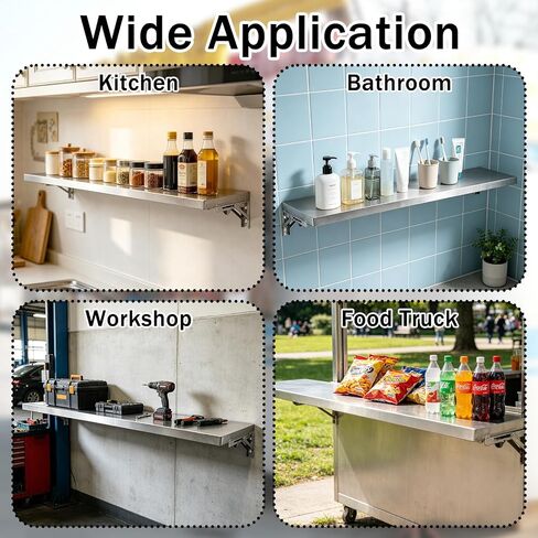Stainless Steel Folding Concession Shelf, Food Truck Serving Counter with Locking Bracket, Heavy Duty Fold Out Service Table, Drop Down Workbench for Kitchen, Workshop & Wall Mounted Serving Tray in Kuwait