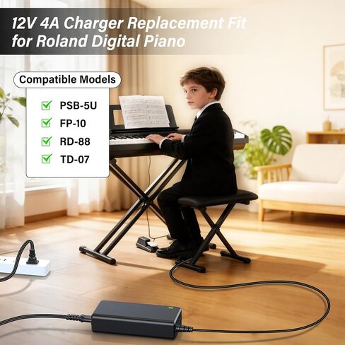 استبدال شاحن البيانو الرقمي 12 فولت متوافق مع Roland PSB-5U لـ FP-10، محول تيار متردد لسلك الطاقة مناسب لـ Roland PSB5U FP10 كابل توصيل شاحن لوحة المفاتيح الإلكترونية للبيانو الرقمي in Kuwait