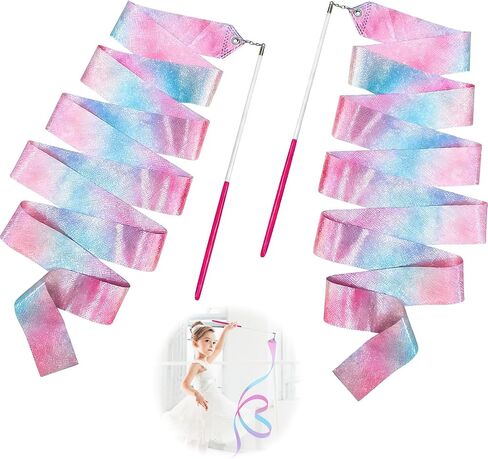 2PCS Dance Ribbons,Ribbon Dancer Wand for Kids,78.7in Rainbow Ribbon Twirling Dance Streamers,Rhythmic Gymnastics Ribbon with Wand,for Kids Girls Adults Artistic Dancing Training in Kuwait