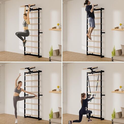 Swedish Ladder, Wood Stall Bars Suspension Trainer with Pull-Up Bar & Rings for Straps, Swedish ladders Wall Gym Adult, Wall-Mounted Workout Ladder in Kuwait