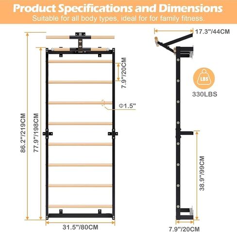 Swedish Ladder, Wood Stall Bars Suspension Trainer with Pull-Up Bar & Rings for Straps, Swedish ladders Wall Gym Adult, Wall-Mounted Workout Ladder in Kuwait