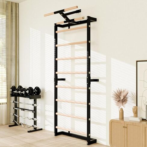 Swedish Ladder, Wood Stall Bars Suspension Trainer with Pull-Up Bar & Rings for Straps, Swedish ladders Wall Gym Adult, Wall-Mounted Workout Ladder in Kuwait