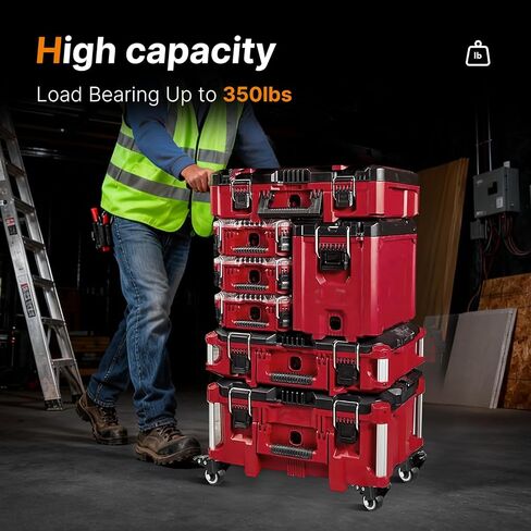 صندوق أدوات عالي التحمل من BYERN AUTO متوافق مع صناديق أدوات Milwaukee Packout، عجلات من الفولاذ الكربوني السميك بسعة 350 رطل مع نظام فرامل، لا توجد ملحقات لحزمة الحفر in Kuwait