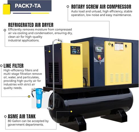 تورين PACK7-TA 7.5KW 10HP ضاغط هواء لولبي دوار 230V/3Ph 35CFM 125psi مع 80Gal ASME Tand & Air Dryer نظام ضغط الهواء شديد التحمل الكل في واحد in Kuwait