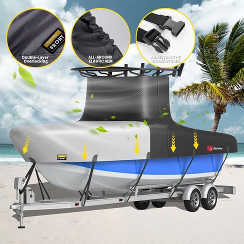 T-Top Boat Cover 1200D Waterproof Heavy Duty Tear-Resistant Polyester with Motor Cover for Center Console Boat with T TOP Roof, 20'-22' Long Beam Width up to 106", Black Gray in Saudi Arabia