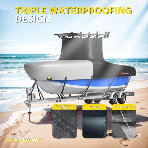 T-Top Boat Cover 1200D Waterproof Heavy Duty Tear-Resistant Polyester with Motor Cover for Center Console Boat with T TOP Roof, 20'-22' Long Beam Width up to 106", Black Gray in Saudi Arabia