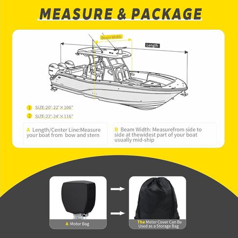 T-Top Boat Cover 1200D Waterproof Heavy Duty Tear-Resistant Polyester with Motor Cover for Center Console Boat with T TOP Roof, 20'-22' Long Beam Width up to 106", Black Gray in Saudi Arabia