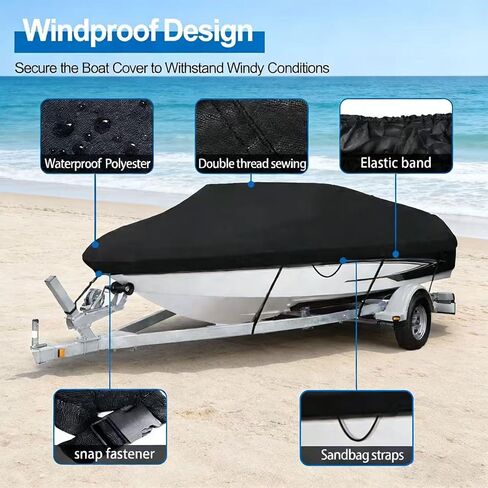 420D Trailerable Boat Cover PU Waterproof Boat Cover Fit for V-Hull Fish&Ski Pro-Style Fishing Runabout Bass Boats (17'-19', Beam Width up to 96") in Kuwait