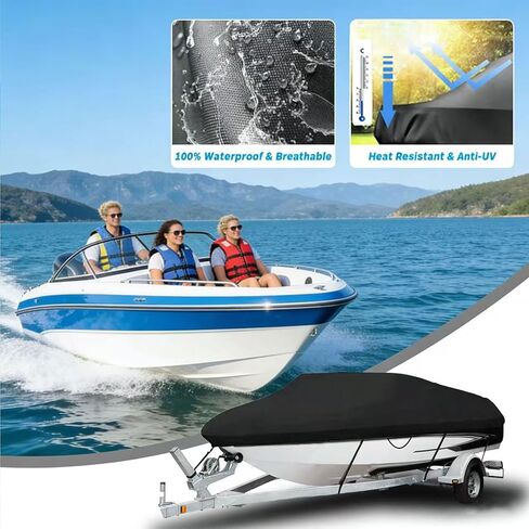 420D Trailerable Boat Cover PU Waterproof Boat Cover Fit for V-Hull Fish&Ski Pro-Style Fishing Runabout Bass Boats (17'-19', Beam Width up to 96") in Kuwait