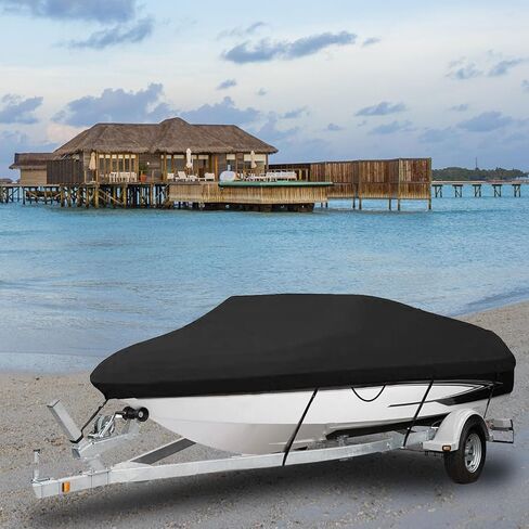 420D Trailerable Boat Cover PU Waterproof Boat Cover Fit for V-Hull Fish&Ski Pro-Style Fishing Runabout Bass Boats (17'-19', Beam Width up to 96") in Kuwait